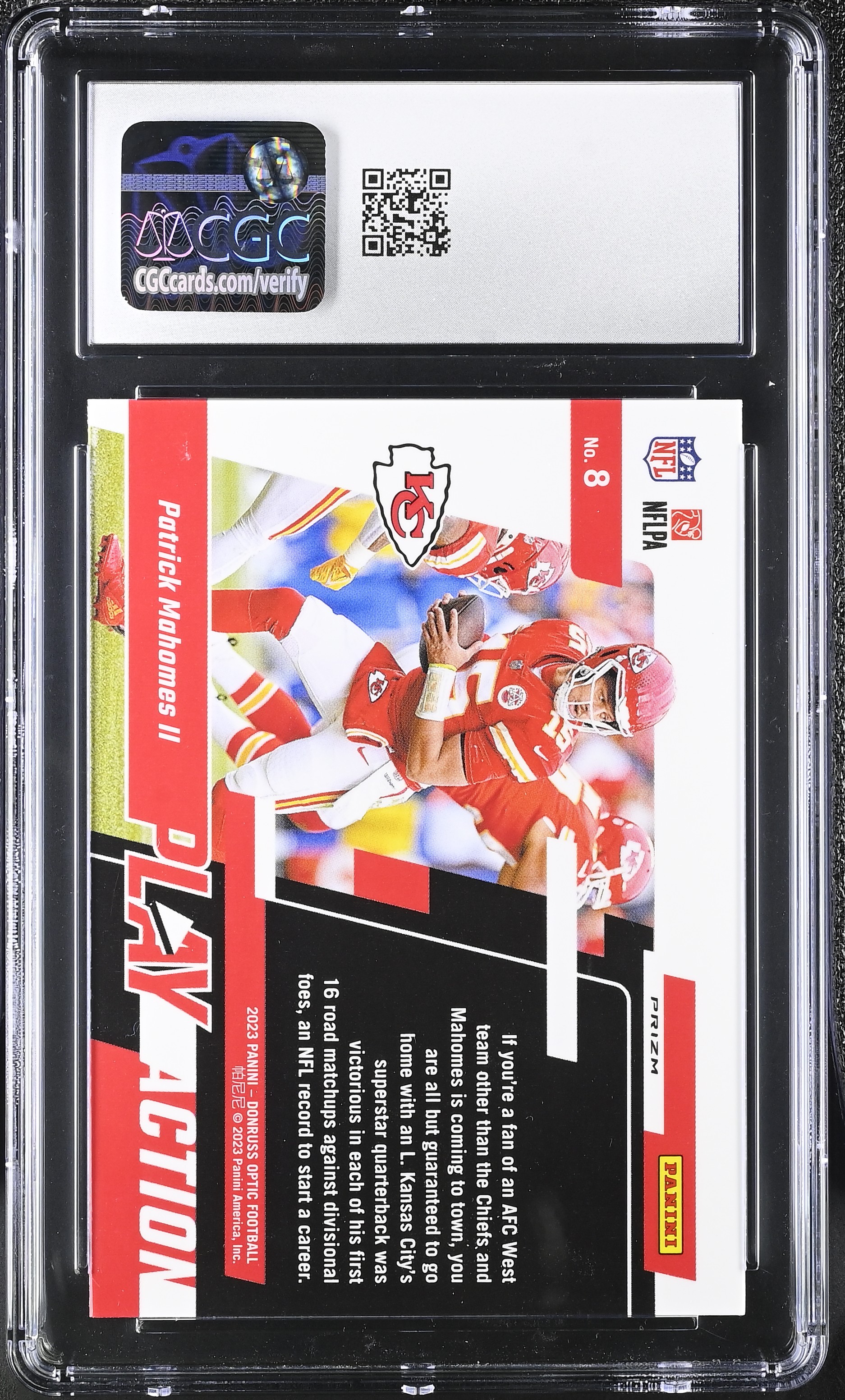 Patrick Mahomes II 2023 Donruss Optic Play Action #8 (CGC 8) at PristineAuction.com Patrick Mahomes II 2023 Donruss Optic Play Action #8 (CGC 8) at PristineAuction.com