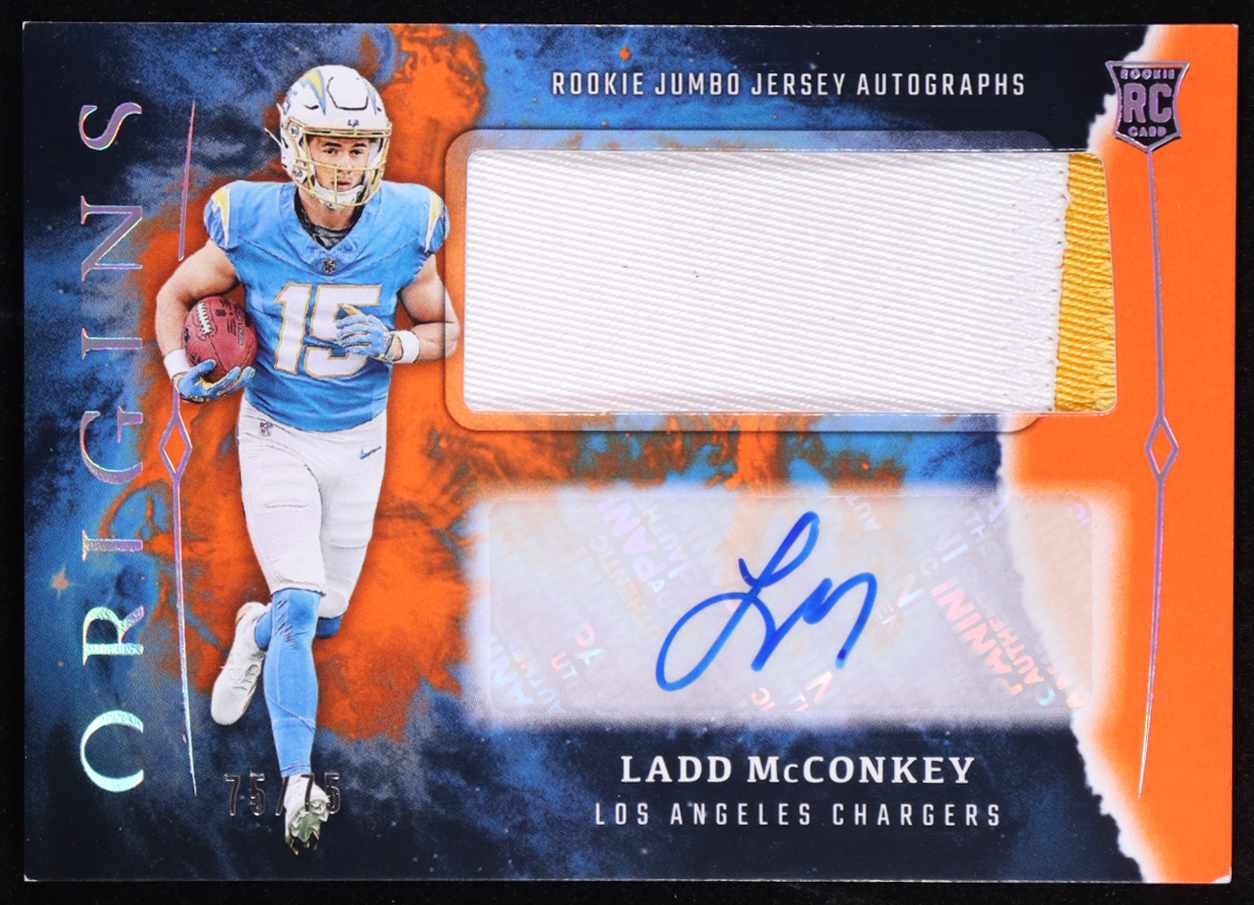 Ladd McConkey 2024 Panini Origins Rookie Jumbo Patch Autographs Orange #21 RC #75/75 at PristineAuction.com Ladd McConkey 2024 Panini Origins Rookie Jumbo Patch Autographs Orange #21 RC #75/75 at PristineAuction.com
