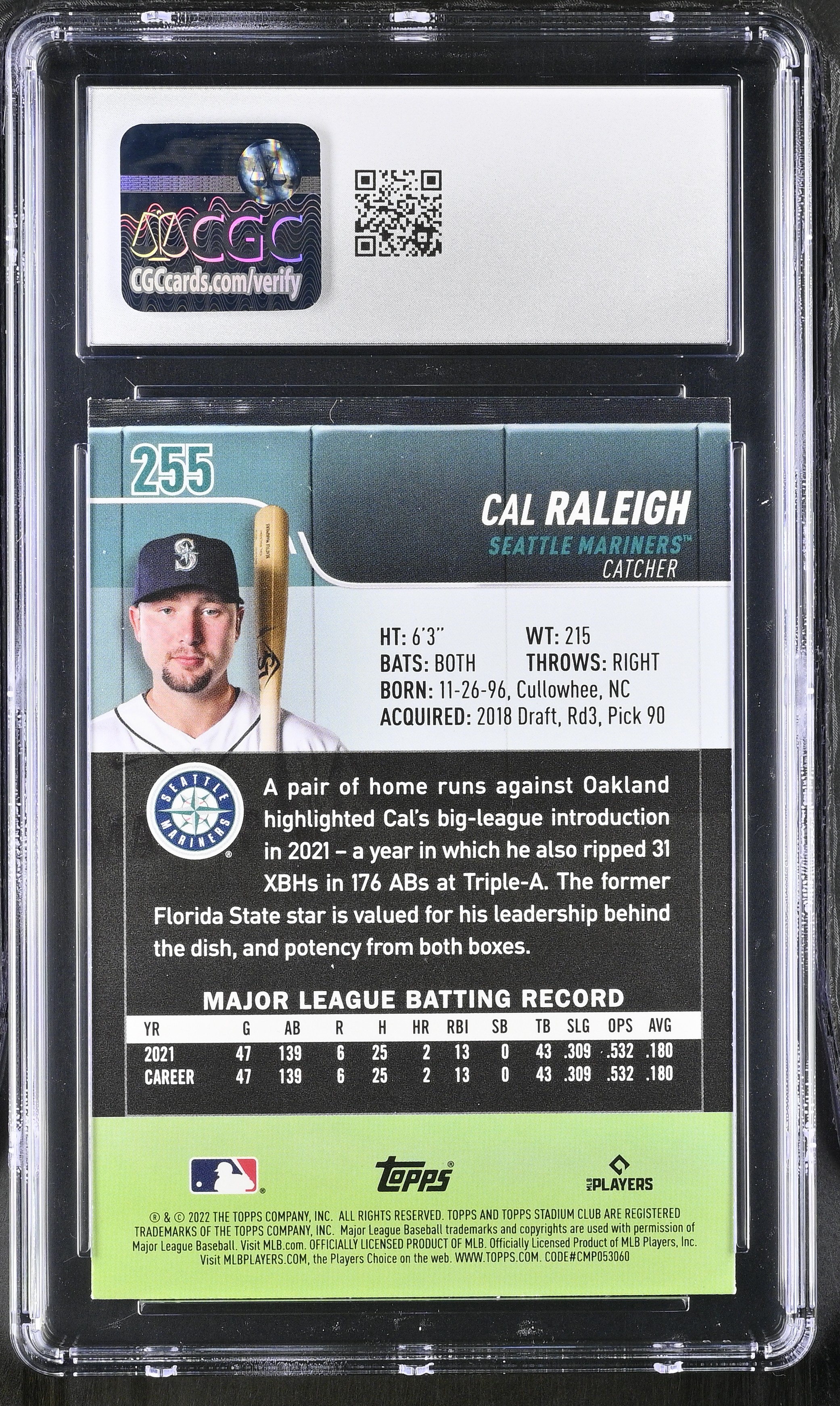 Cal Raleigh 2022 Stadium Club #255 RC (CGC 9) at PristineAuction.com Cal Raleigh 2022 Stadium Club #255 RC (CGC 9) at PristineAuction.com