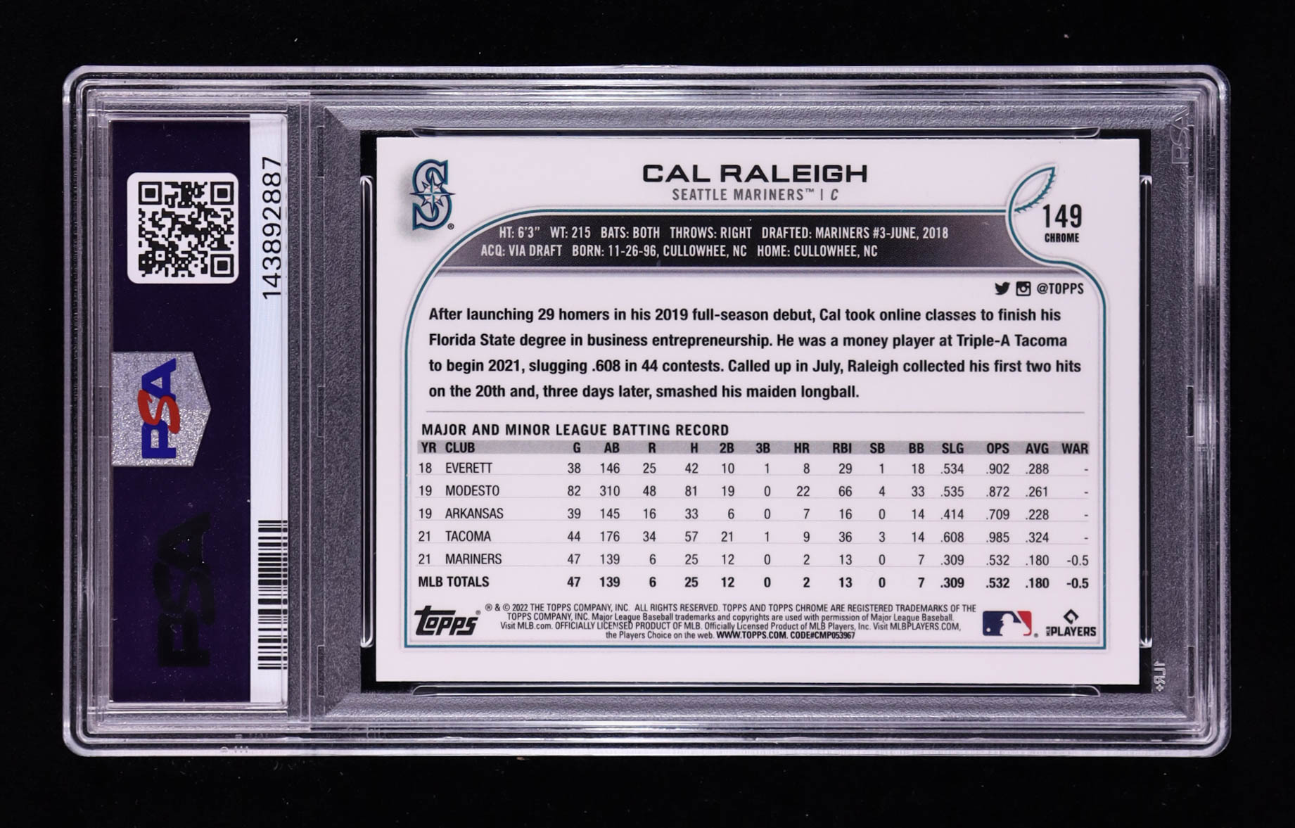 Cal Raleigh 2022 Topps Chrome Pink Refractors #149 RC (PSA 9) at PristineAuction.com Cal Raleigh 2022 Topps Chrome Pink Refractors #149 RC (PSA 9) at PristineAuction.com
