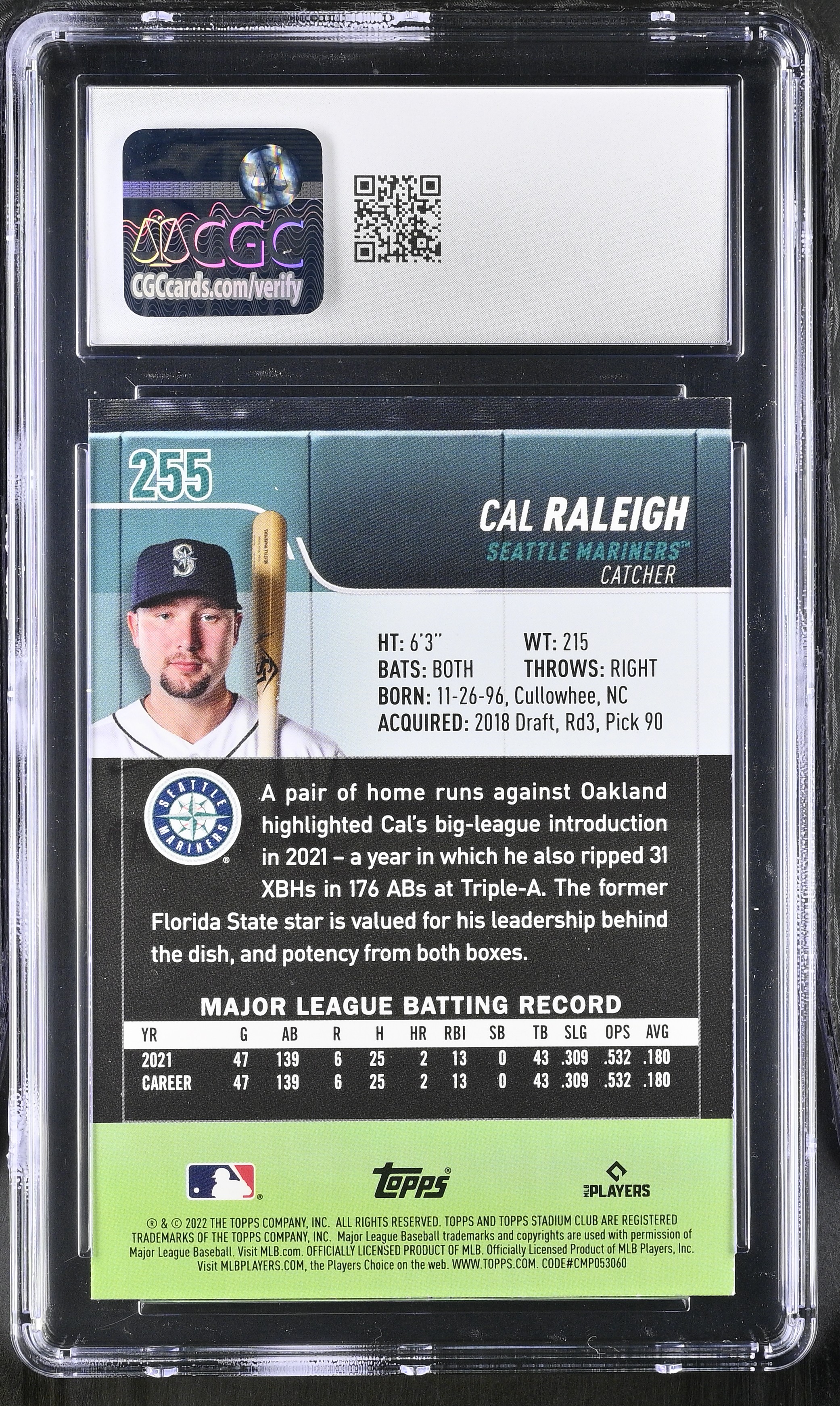 Cal Raleigh 2022 Stadium Club #255 RC (CGC 9) at PristineAuction.com Cal Raleigh 2022 Stadium Club #255 RC (CGC 9) at PristineAuction.com