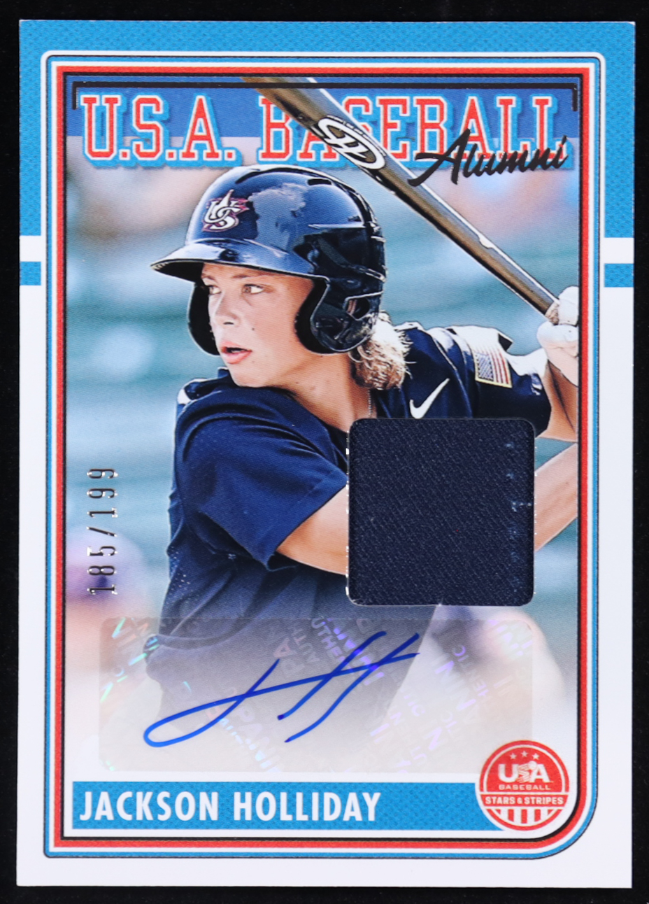 Jackson Holliday 2024 Panini USA Baseball Stars & Stripes Alumni Auto #ASM-JH RC #185/199 at PristineAuction.com Jackson Holliday 2024 Panini USA Baseball Stars & Stripes Alumni Auto #ASM-JH RC #185/199 at PristineAuction.com