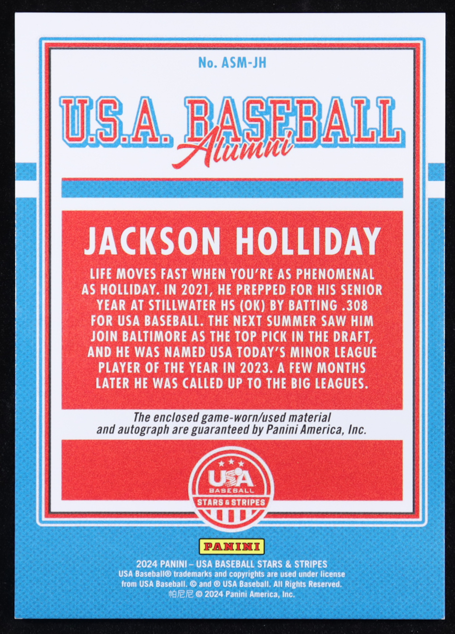 Jackson Holliday 2024 Panini USA Baseball Stars & Stripes Alumni Auto #ASM-JH RC #185/199 at PristineAuction.com Jackson Holliday 2024 Panini USA Baseball Stars & Stripes Alumni Auto #ASM-JH RC #185/199 at PristineAuction.com