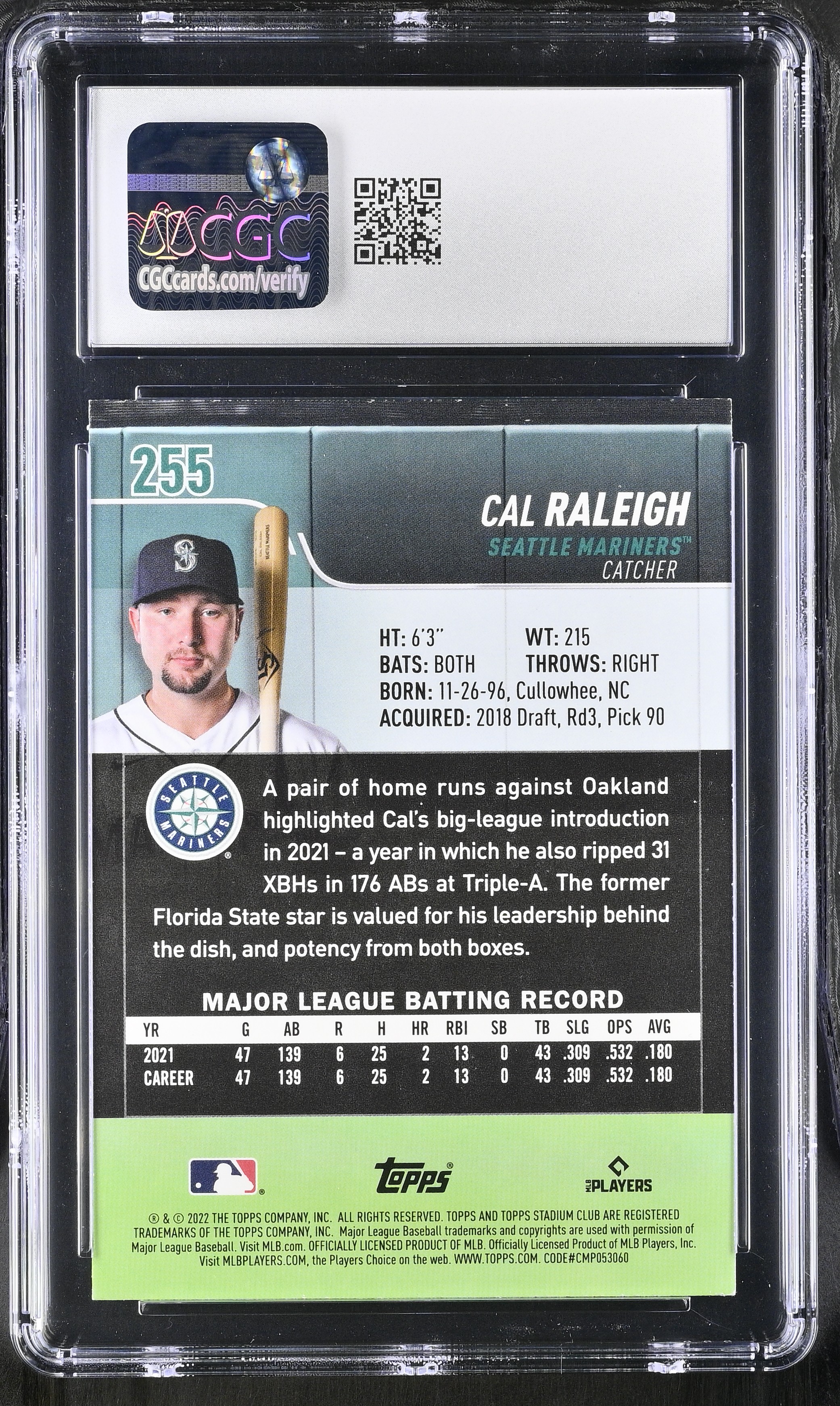 Cal Raleigh 2022 Stadium Club #255 RC (CGC 9) at PristineAuction.com Cal Raleigh 2022 Stadium Club #255 RC (CGC 9) at PristineAuction.com
