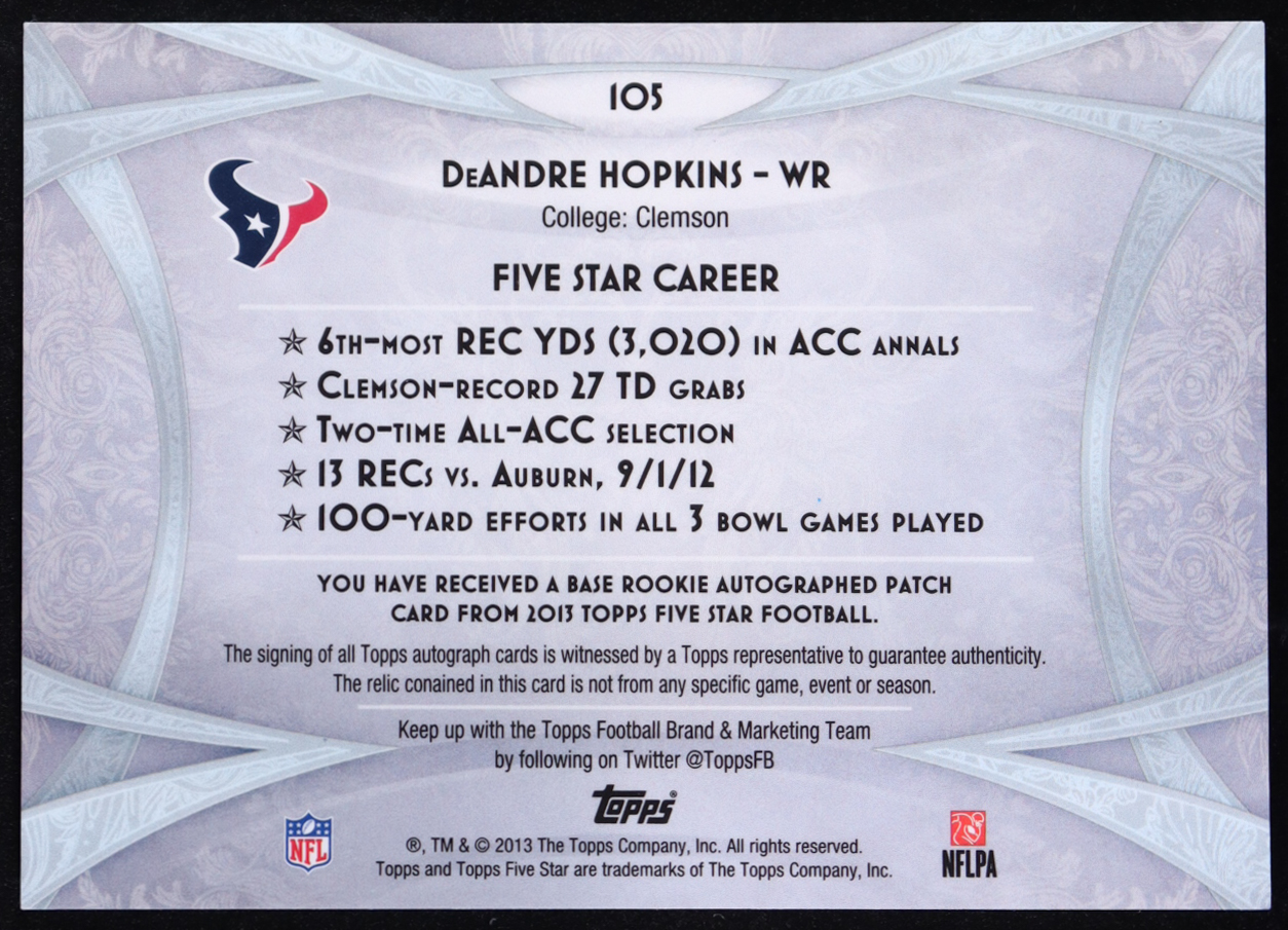 DeAndre Hopkins 2013 Topps Five Star Rookie Autographed Patch Gold #105 JSY AU RC #20/55 at PristineAuction.com DeAndre Hopkins 2013 Topps Five Star Rookie Autographed Patch Gold #105 JSY AU RC #20/55 at PristineAuction.com