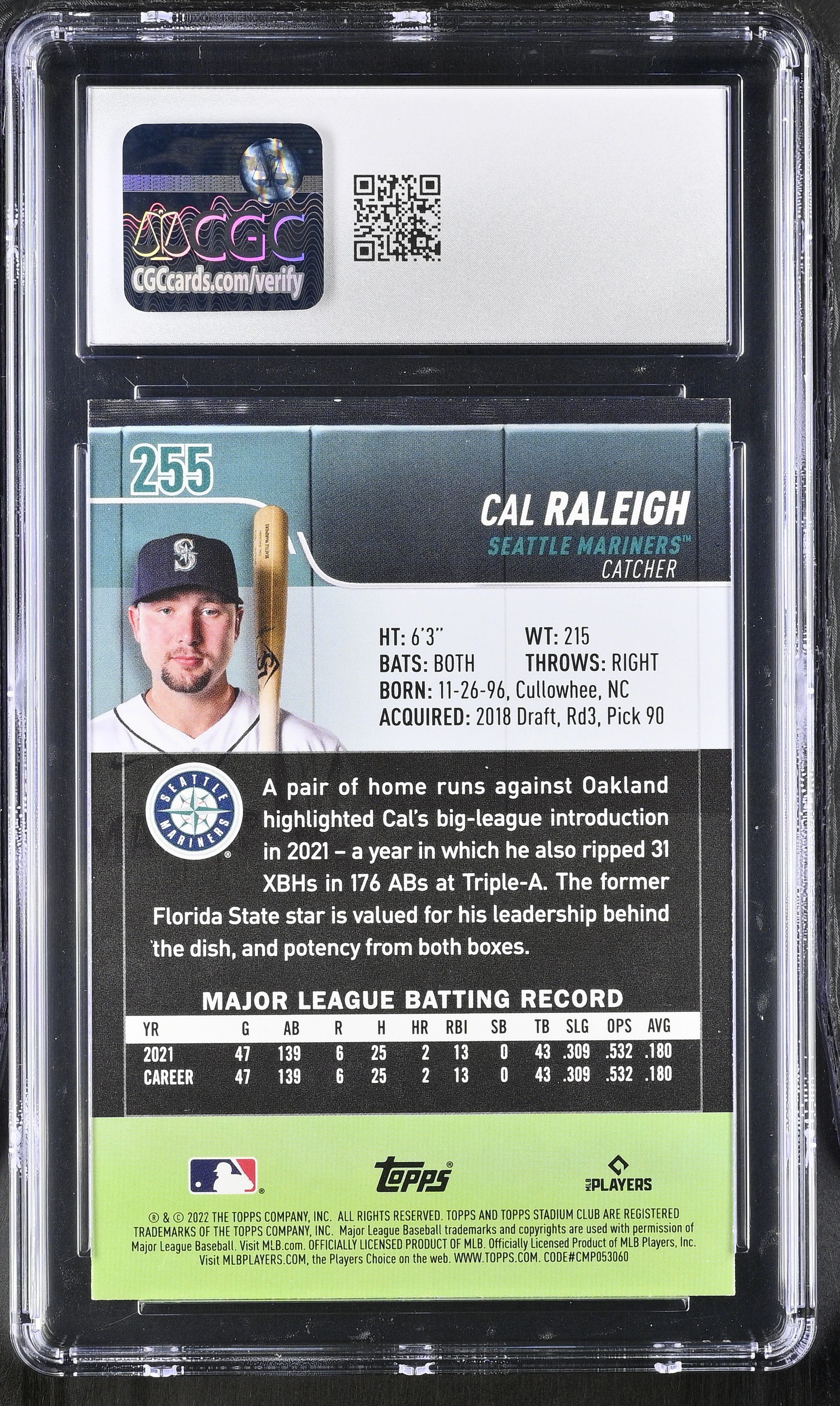 Cal Raleigh 2022 Stadium Club #255 RC (CGC 8) at PristineAuction.com Cal Raleigh 2022 Stadium Club #255 RC (CGC 8) at PristineAuction.com