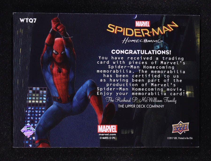 Spider-Man 2017 Upper Deck Spider-Man Homecoming Webbed Threads Quad Memorabilia #WTQ7 at PristineAuction.com Spider-Man 2017 Upper Deck Spider-Man Homecoming Webbed Threads Quad Memorabilia #WTQ7 at PristineAuction.com