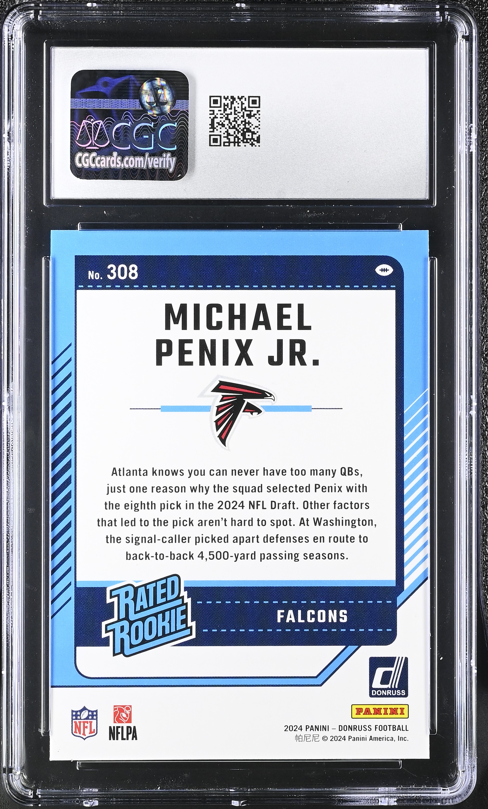 Michael Penix Jr. 2024 Donruss #308 RR RC (CGC 8.5) at PristineAuction.com Michael Penix Jr. 2024 Donruss #308 RR RC (CGC 8.5) at PristineAuction.com