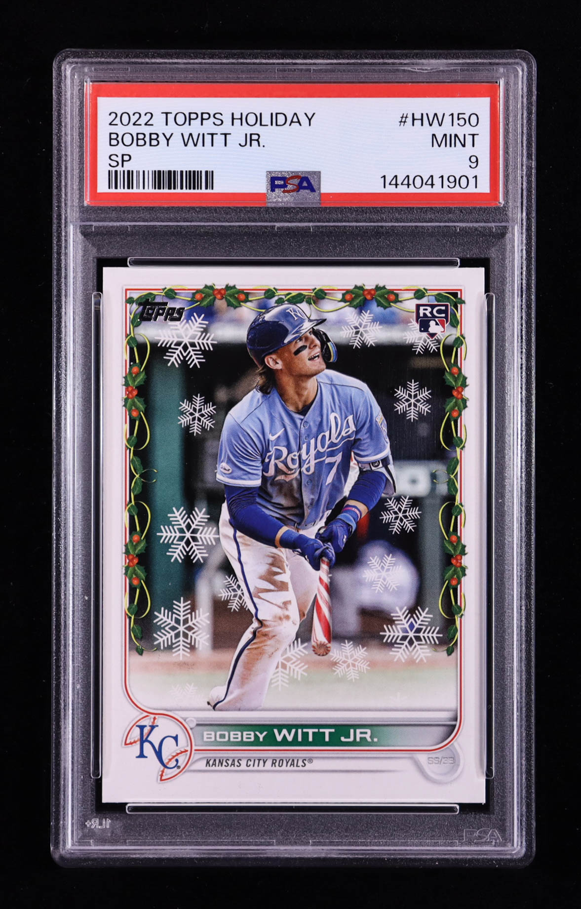 Bobby Witt Jr. 2022 Topps Holiday Photo Variations #HW150 RC / Candy Cane Bat (PSA 9) at PristineAuction.com Bobby Witt Jr. 2022 Topps Holiday Photo Variations #HW150 RC / Candy Cane Bat (PSA 9) at PristineAuction.com