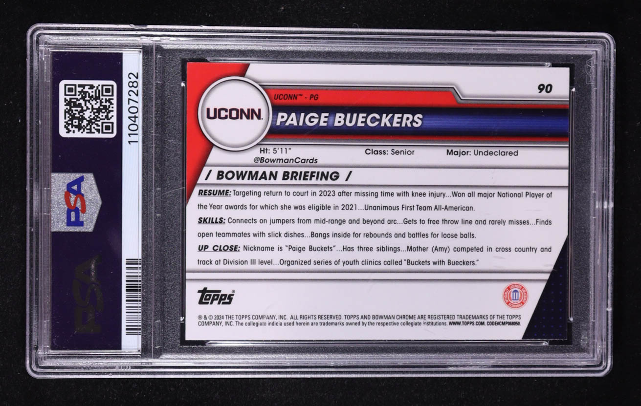 Paige Bueckers 2023-24 Bowman Chrome University #90 RC (PSA 10) at PristineAuction.com Paige Bueckers 2023-24 Bowman Chrome University #90 RC (PSA 10) at PristineAuction.com
