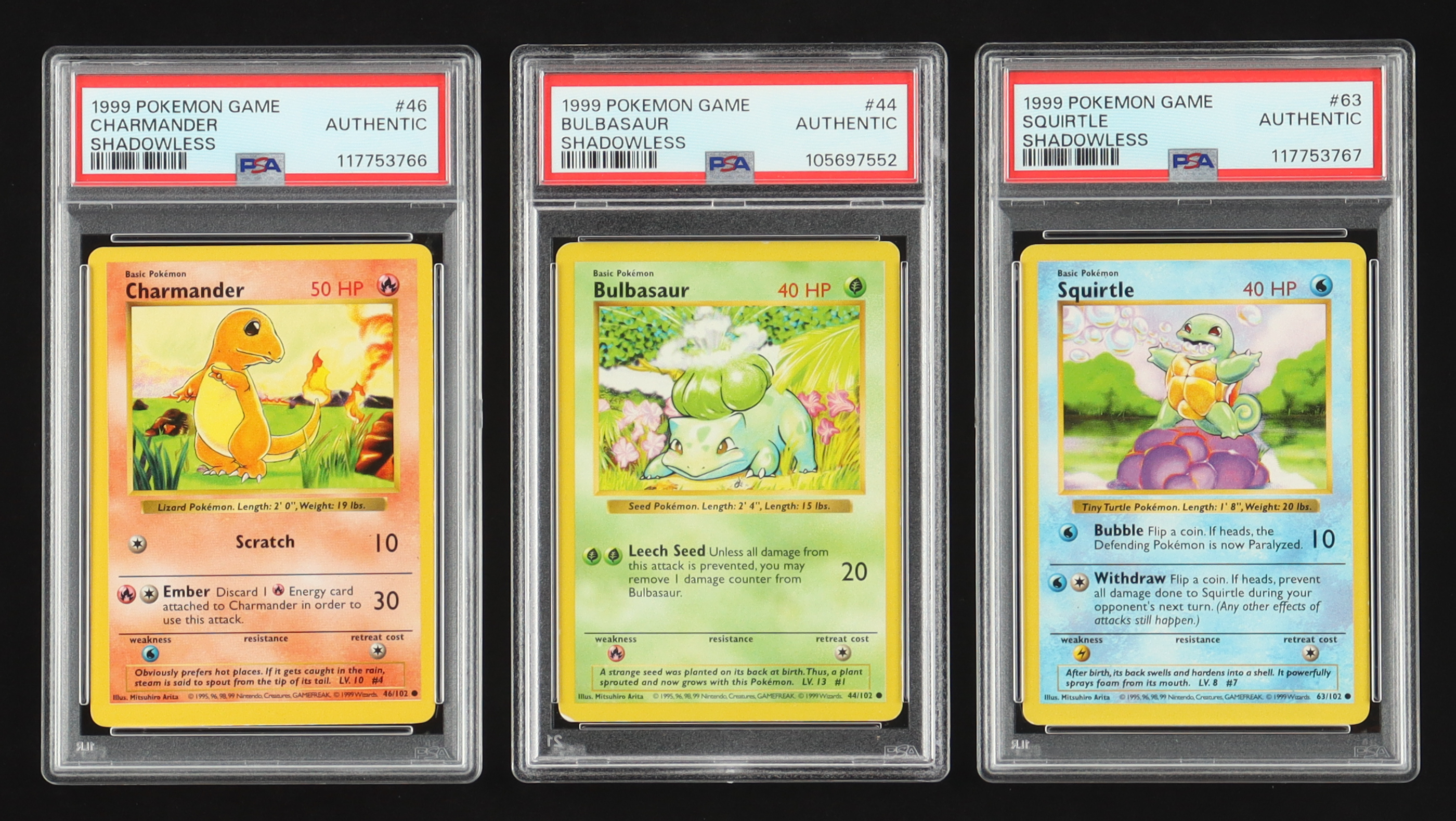 Charmander, Bulbasaur & Squirtle 1999 Pokemon Game Shadowless #46, #44, #63 (PSA Authentic) at PristineAuction.com Charmander, Bulbasaur & Squirtle 1999 Pokemon Game Shadowless #46, #44, #63 (PSA Authentic) at PristineAuction.com