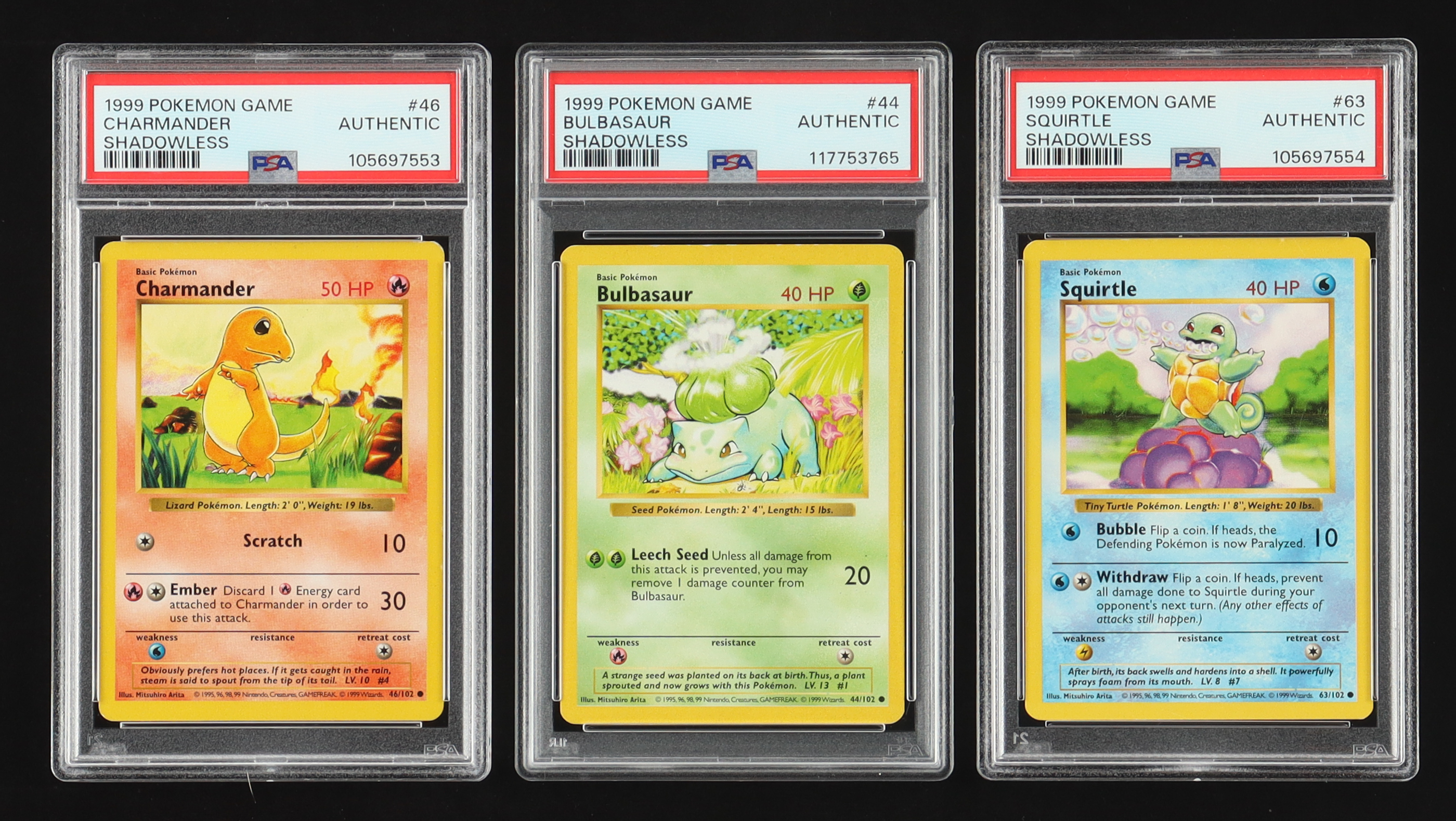 Charmander, Bulbasaur & Squirtle 1999 Pokemon Game Shadowless #46, #44, #63 (PSA Authentic) at PristineAuction.com Charmander, Bulbasaur & Squirtle 1999 Pokemon Game Shadowless #46, #44, #63 (PSA Authentic) at PristineAuction.com