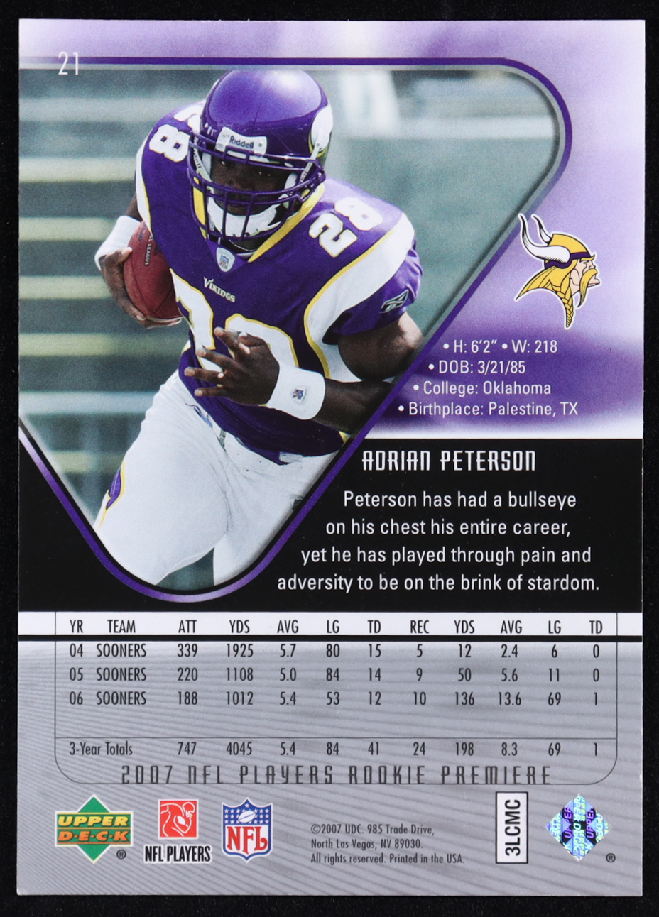 Adrian Peterson 2007 Upper Deck NFL Players Rookie Premiere #21 RC at PristineAuction.com Adrian Peterson 2007 Upper Deck NFL Players Rookie Premiere #21 RC at PristineAuction.com