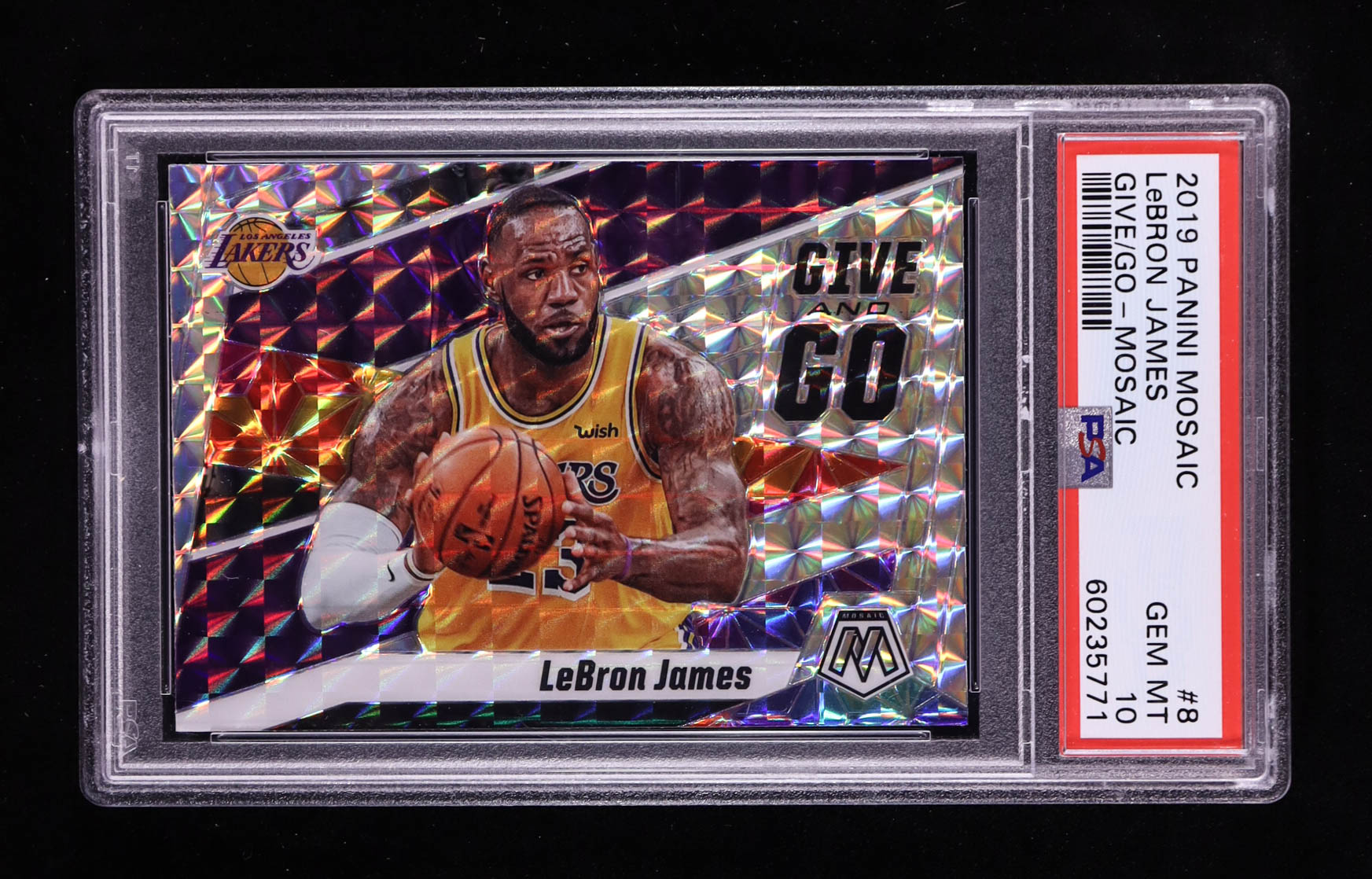 LeBron James 2019-20 Panini Mosaic Give and Go Mosaic #8 (PSA 10) at PristineAuction.com LeBron James 2019-20 Panini Mosaic Give and Go Mosaic #8 (PSA 10) at PristineAuction.com