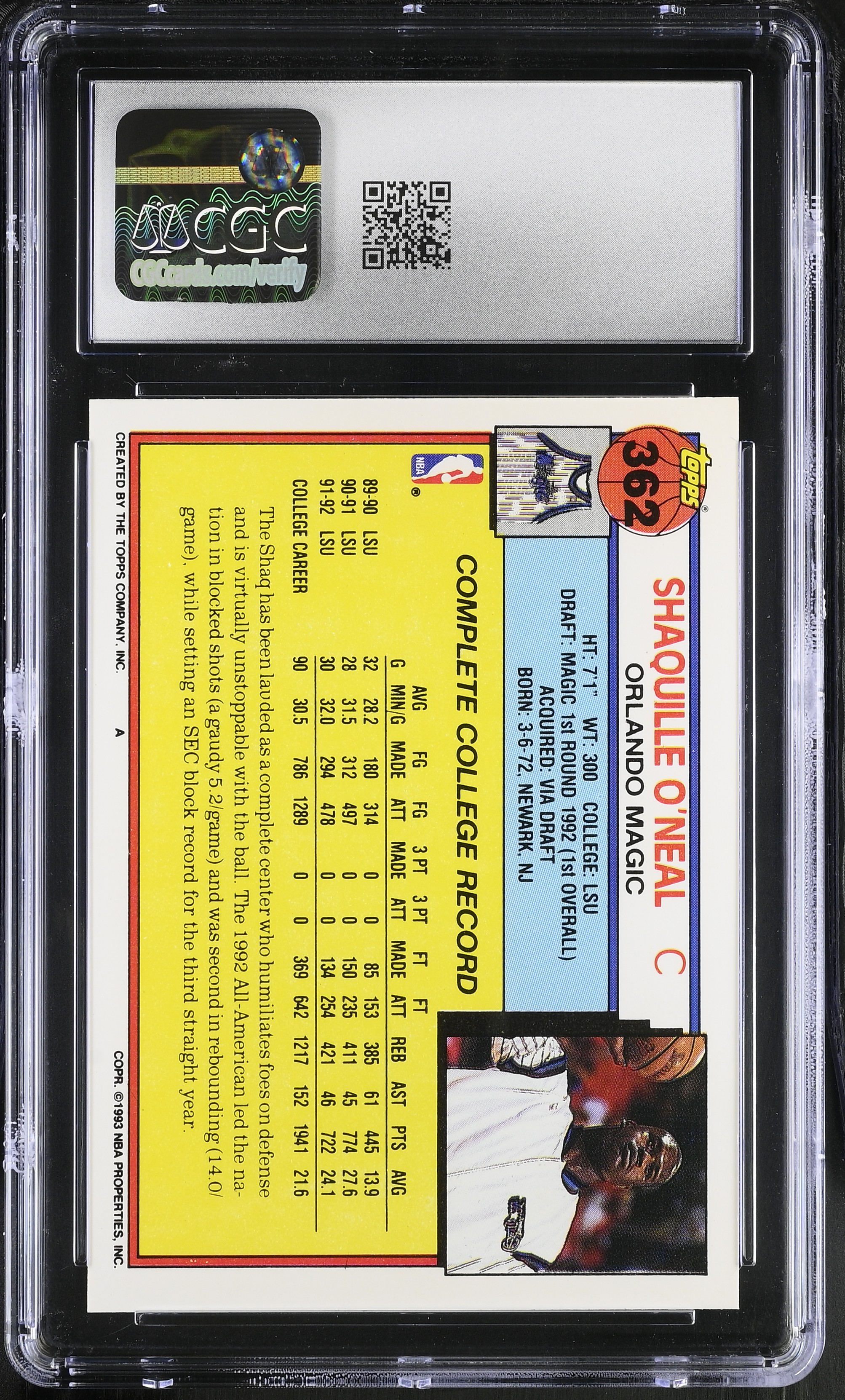Shaquille O'Neal 1992-93 Topps #362 RC (CGC 6) at PristineAuction.com Shaquille O'Neal 1992-93 Topps #362 RC (CGC 6) at PristineAuction.com