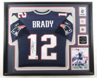 Tom Brady Signed Patriots Custom Framed Reebok Authentic Jersey with Sports Card & (2) Patriots Logo Pins (Mounted Memories & PSA) at PristineAuction.com