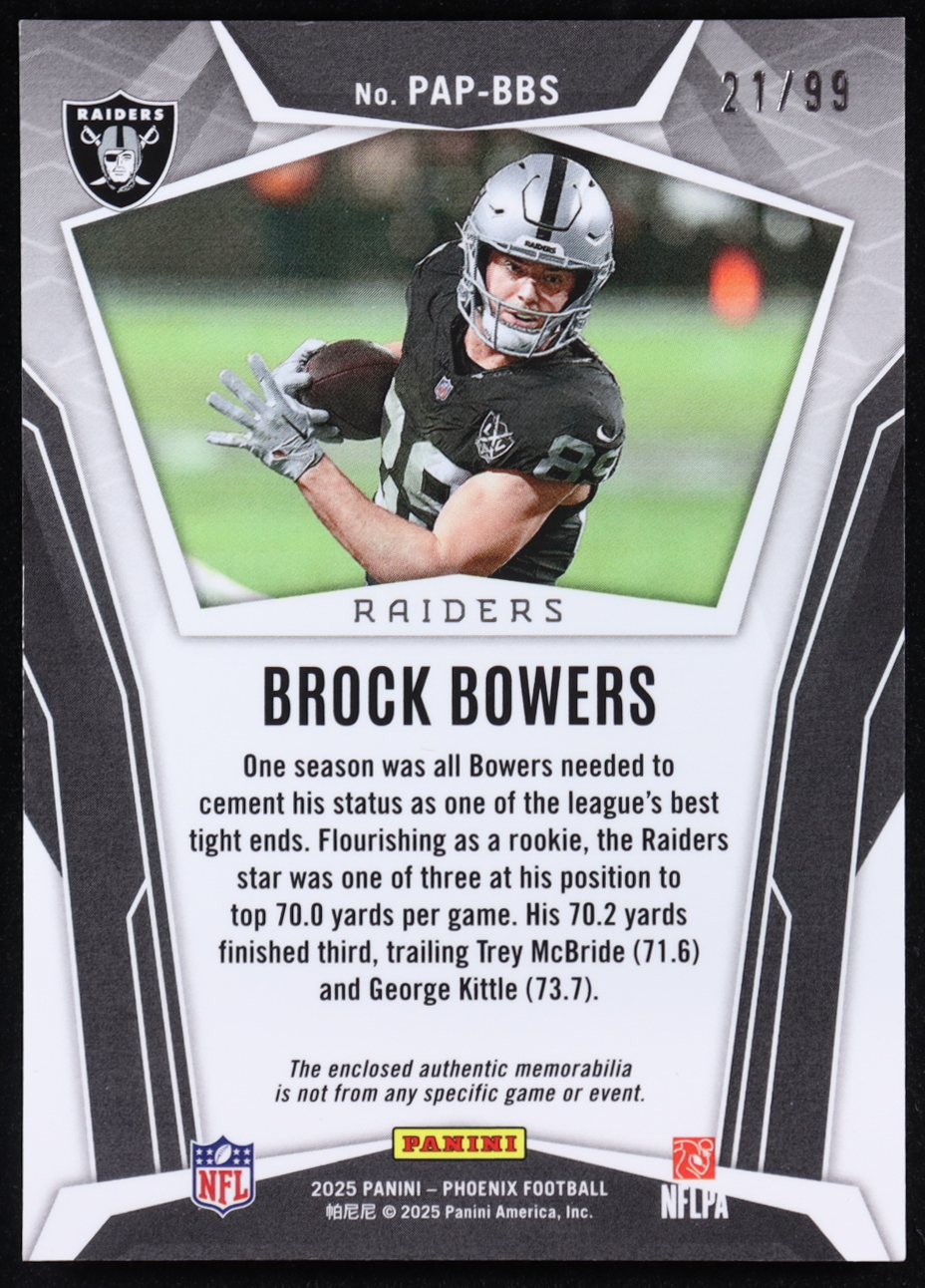 Brock Bowers 2025 Panini Phoenix Pandora Patch Green #PAP-BBS #21/99 at PristineAuction.com Brock Bowers 2025 Panini Phoenix Pandora Patch Green #PAP-BBS #21/99 at PristineAuction.com
