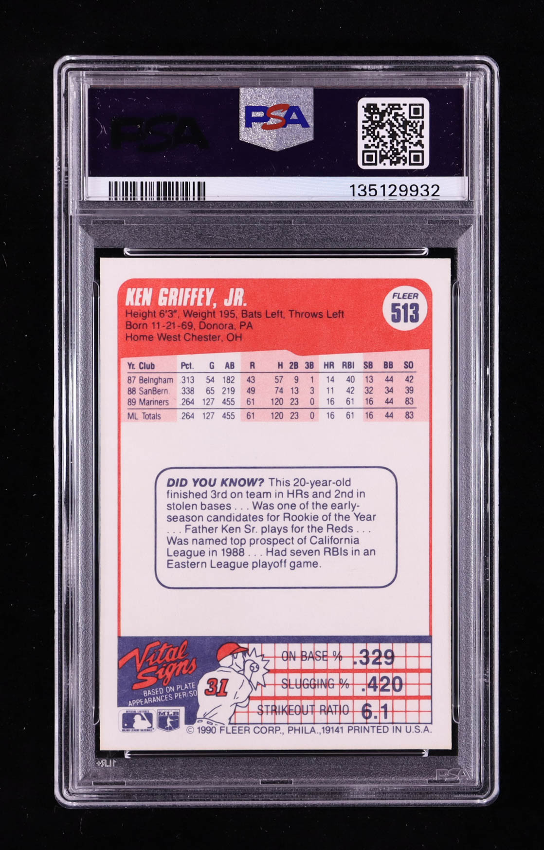 Ken Griffey Jr. 1990 Fleer #513 (PSA 10) at PristineAuction.com Ken Griffey Jr. 1990 Fleer #513 (PSA 10) at PristineAuction.com
