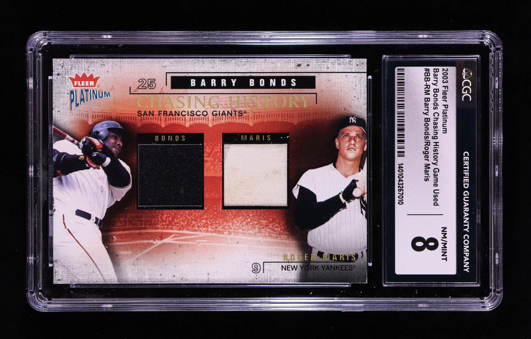 Barry Bonds / Roger Maris 2003 Fleer Platinum Barry Bonds Chasing History Game Used #RM Jersey-Pants #109/250 (CGC 8) at PristineAuction.com Barry Bonds / Roger Maris 2003 Fleer Platinum Barry Bonds Chasing History Game Used #RM Jersey-Pants #109/250 (CGC 8) at PristineAuction.com