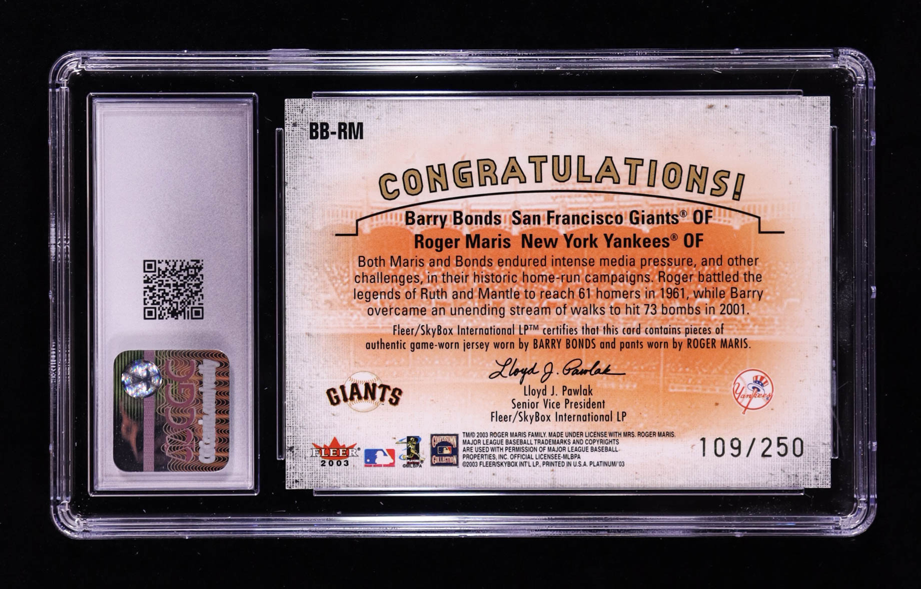 Barry Bonds / Roger Maris 2003 Fleer Platinum Barry Bonds Chasing History Game Used #RM Jersey-Pants #109/250 (CGC 8) at PristineAuction.com Barry Bonds / Roger Maris 2003 Fleer Platinum Barry Bonds Chasing History Game Used #RM Jersey-Pants #109/250 (CGC 8) at PristineAuction.com