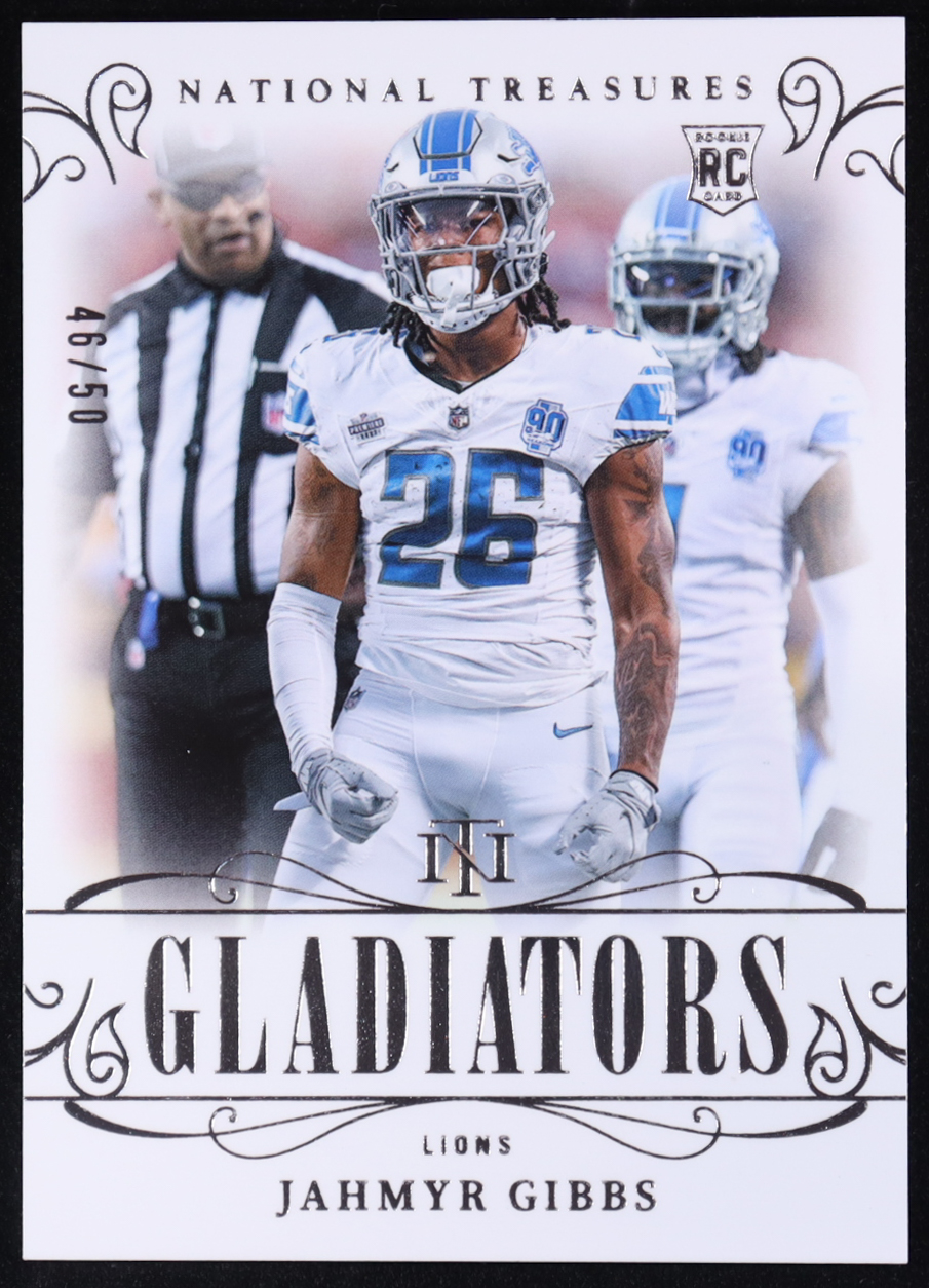 Jahmyr Gibbs 2023 Panini National Treasures Gladiators #7 RC #46/50 at PristineAuction.com Jahmyr Gibbs 2023 Panini National Treasures Gladiators #7 RC #46/50 at PristineAuction.com