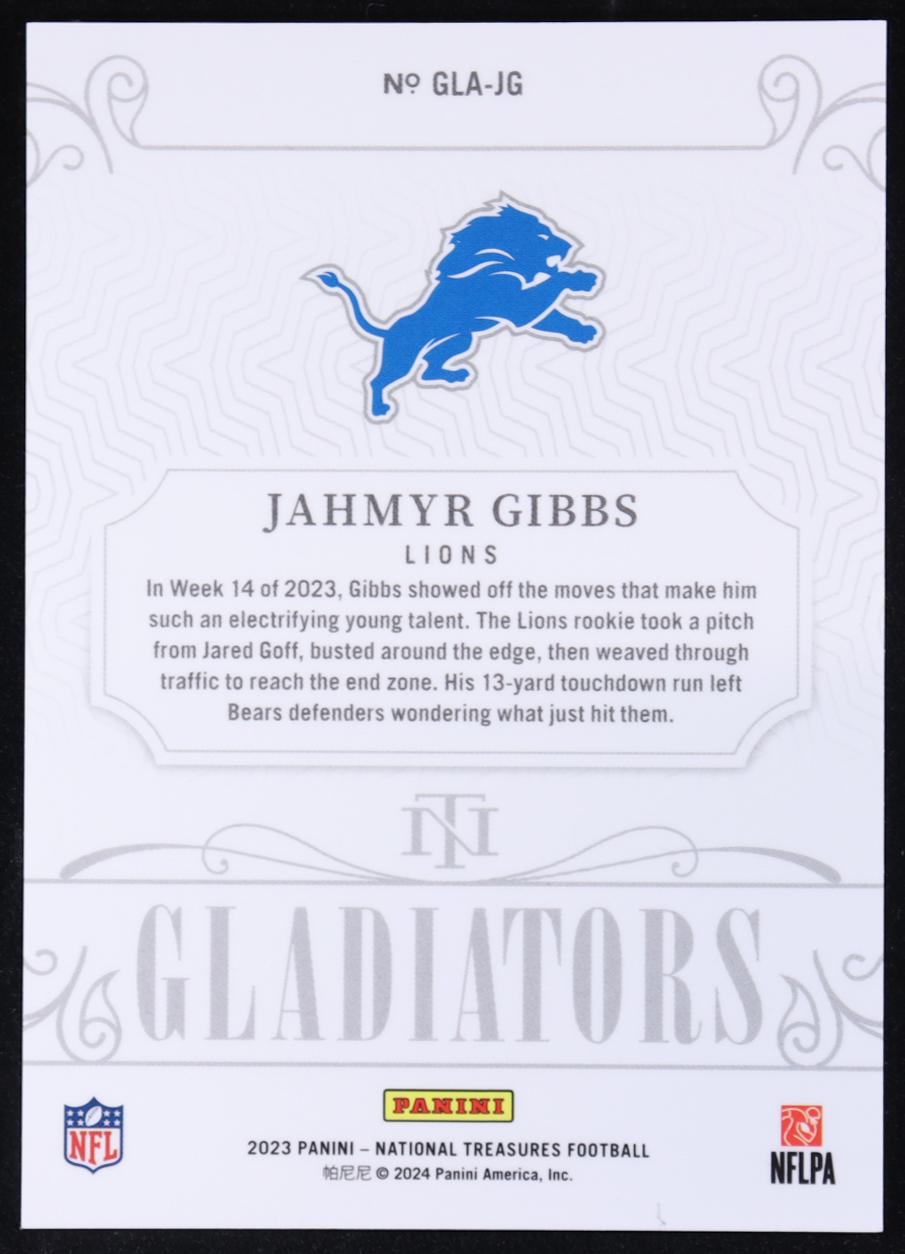 Jahmyr Gibbs 2023 Panini National Treasures Gladiators #7 RC #46/50 at PristineAuction.com Jahmyr Gibbs 2023 Panini National Treasures Gladiators #7 RC #46/50 at PristineAuction.com