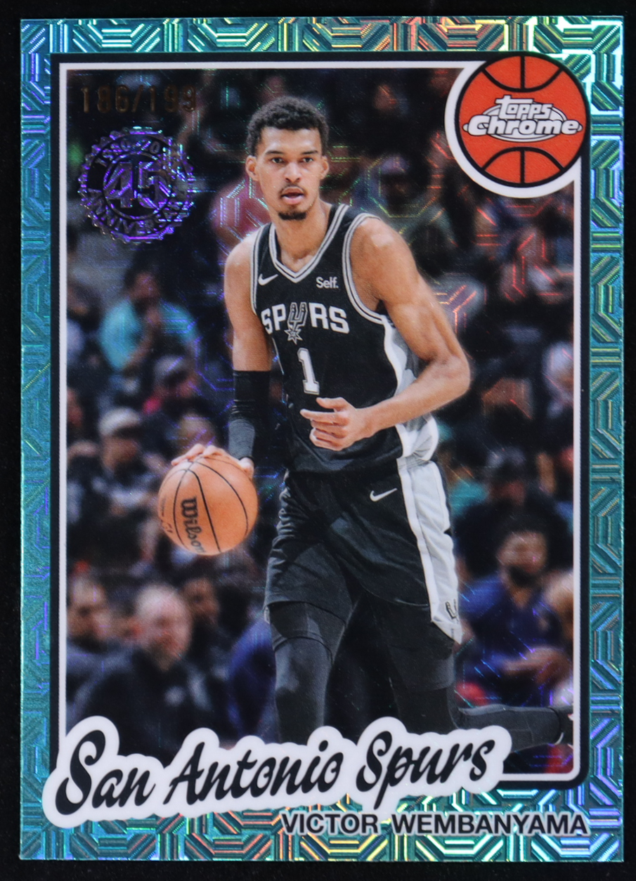 Victor Wembanyama 2025-26 Topps '80-81 Topps Chrome Aqua Mojo Refractors #TCVW #186/199 at PristineAuction.com Victor Wembanyama 2025-26 Topps '80-81 Topps Chrome Aqua Mojo Refractors #TCVW #186/199 at PristineAuction.com