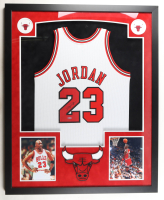 Michael Jordan Signed Bulls Custom Framed Nike Jersey with LED Display & (2) Photos (UDA & GOAT) at PristineAuction.com