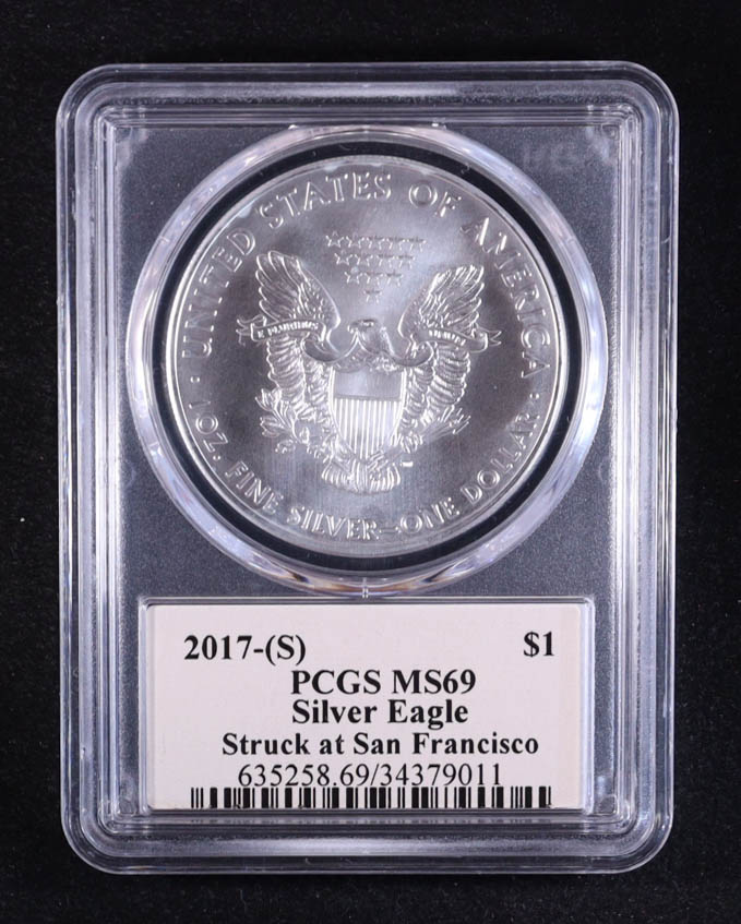 2017-(S) American Silver Eagle, Struck at San Francisco Thomas Cleveland Hand-Signed Signature Label (PCGS MS69) at PristineAuction.com 2017-(S) American Silver Eagle, Struck at San Francisco Thomas Cleveland Hand-Signed Signature Label (PCGS MS69) at PristineAuction.com
