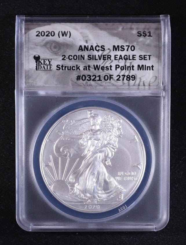 2020-(W) American Silver $1 Dollar Eagle, 2-Coin Key Date Set - Struck at West Point Mint (ANACS MS70) at PristineAuction.com 2020-(W) American Silver $1 Dollar Eagle, 2-Coin Key Date Set - Struck at West Point Mint (ANACS MS70) at PristineAuction.com
