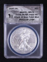 2020-(W) American Silver $1 Dollar Eagle, 2-Coin Key Date Set - Struck at West Point Mint (ANACS MS70) at PristineAuction.com