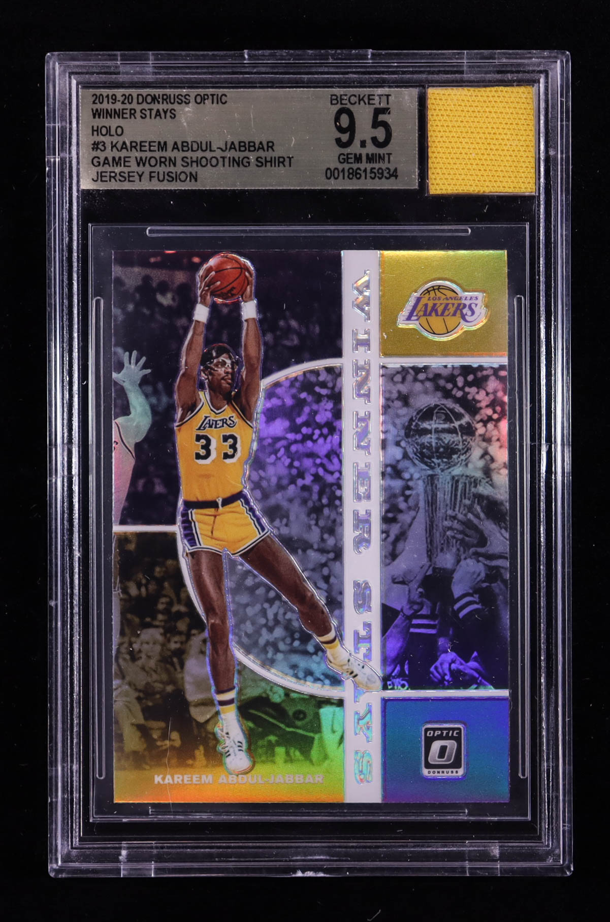 Kareem Abdul-Jabbar 2019-20 Donruss Optic Winner Stays Holo #3 with Game-Worn Shorts Piece (BGS 9.5) at PristineAuction.com Kareem Abdul-Jabbar 2019-20 Donruss Optic Winner Stays Holo #3 with Game-Worn Shorts Piece (BGS 9.5) at PristineAuction.com