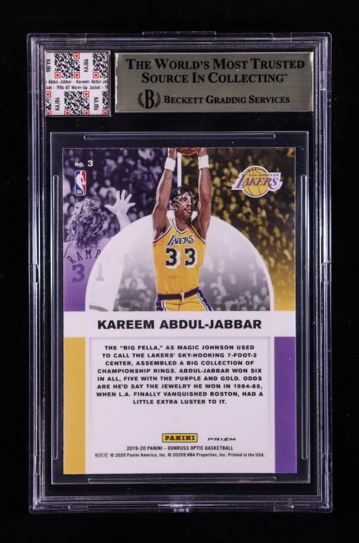 Kareem Abdul-Jabbar 2019-20 Donruss Optic Winner Stays Holo #3 with Game-Worn Shorts Piece (BGS 9.5) at PristineAuction.com Kareem Abdul-Jabbar 2019-20 Donruss Optic Winner Stays Holo #3 with Game-Worn Shorts Piece (BGS 9.5) at PristineAuction.com