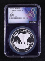 2025 Somalia 100S African Wildlife Series, Elephant - 1oz .9999 Fine Silver Coin (NGC MS69) at PristineAuction.com