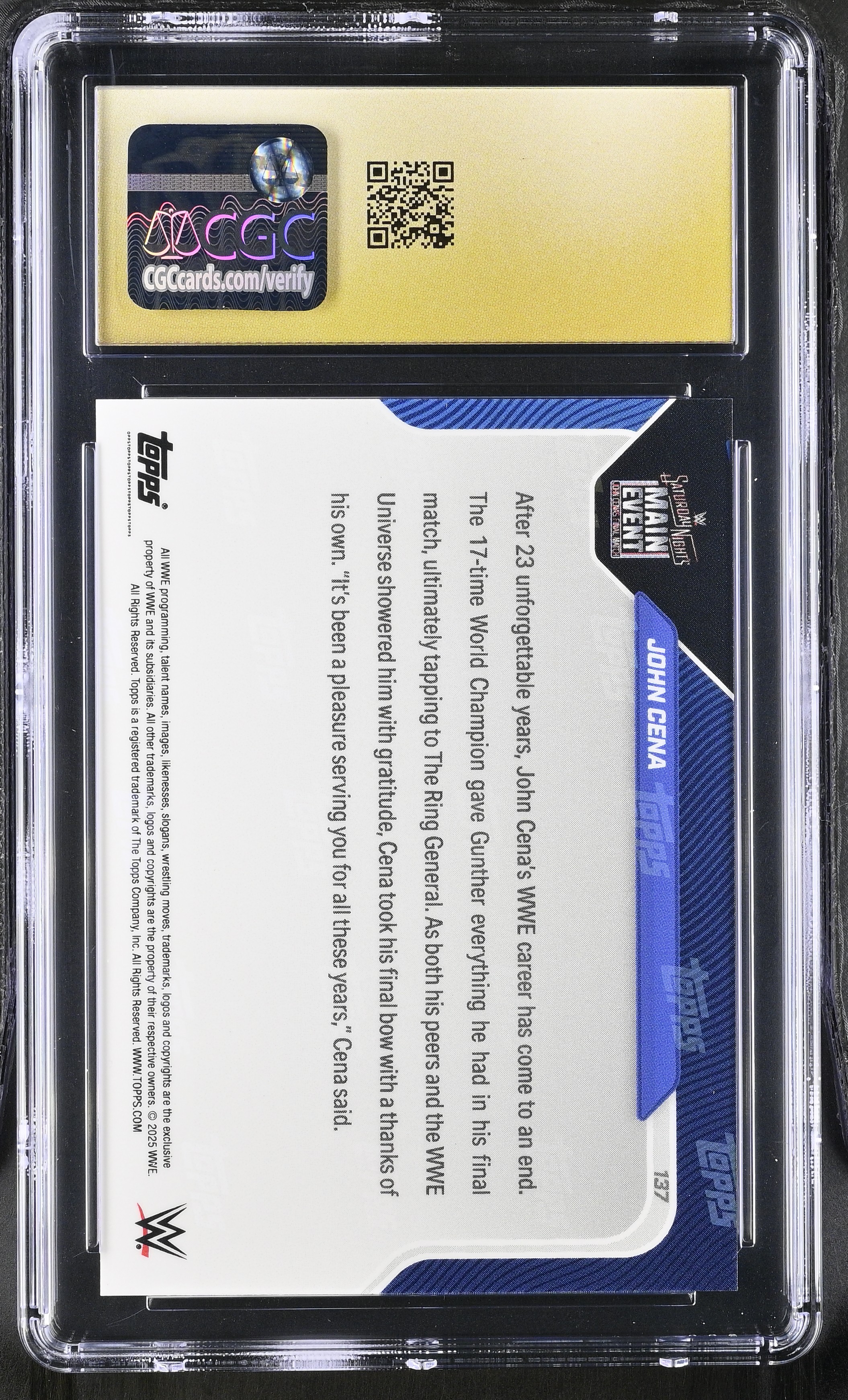 John Cena 2025 Topps Now WWE #137 (CGC 10 | Pristine Black Label) at PristineAuction.com John Cena 2025 Topps Now WWE #137 (CGC 10 | Pristine Black Label) at PristineAuction.com