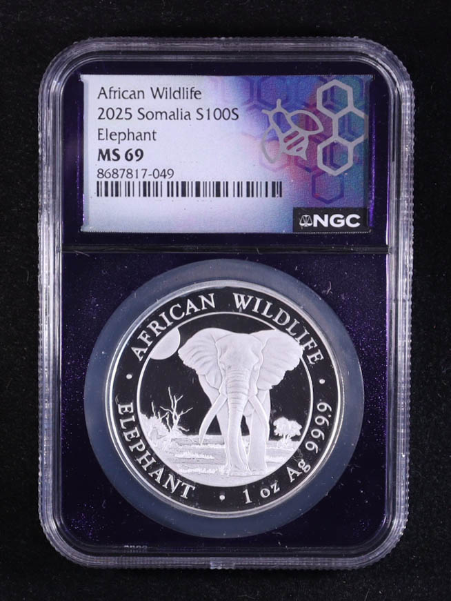 2025 Somalia 100S African Wildlife Series, Elephant - 1oz .9999 Fine Silver Coin (NGC MS69) at PristineAuction.com 2025 Somalia 100S African Wildlife Series, Elephant - 1oz .9999 Fine Silver Coin (NGC MS69) at PristineAuction.com