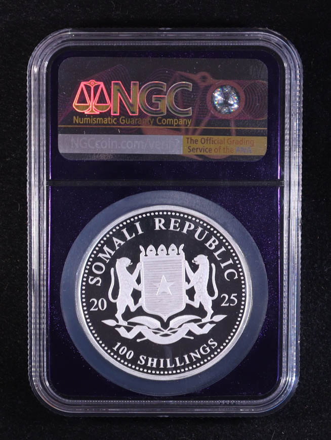 2025 Somalia 100S African Wildlife Series, Elephant - 1oz .9999 Fine Silver Coin (NGC MS69) at PristineAuction.com 2025 Somalia 100S African Wildlife Series, Elephant - 1oz .9999 Fine Silver Coin (NGC MS69) at PristineAuction.com