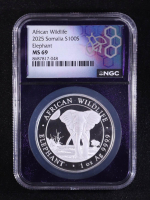 2025 Somalia 100S African Wildlife Series, Elephant - 1oz .9999 Fine Silver Coin (NGC MS69) at PristineAuction.com