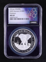 2025 Somalia 100S African Wildlife Series, Elephant - 1oz .9999 Fine Silver Coin (NGC MS69) at PristineAuction.com