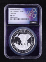 2025 Somalia 100S African Wildlife Series, Elephant - 1oz .9999 Fine Silver Coin (NGC MS69) at PristineAuction.com