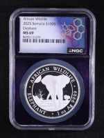 2025 Somalia 100S African Wildlife Series, Elephant - 1oz .9999 Fine Silver Coin (NGC MS69) at PristineAuction.com