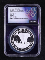 2025 Somalia 100S African Wildlife Series, Elephant - 1oz .9999 Fine Silver Coin (NGC MS69) at PristineAuction.com