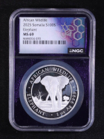 2025 Somalia 100S African Wildlife Series, Elephant - 1oz .9999 Fine Silver Coin (NGC MS69) at PristineAuction.com