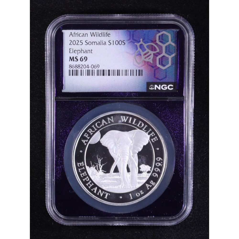 2025 Somalia 100S African Wildlife Series, Elephant - 1oz .9999 Fine Silver Coin (NGC MS69) at PristineAuction.com