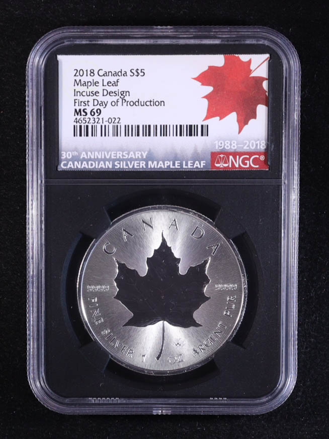 2018 Canada $5 Incuse Design Maple Leaf, First Day of Production, 30th Anniversary 1oz .999 Fine Silver Coin (NGC MS69) at PristineAuction.com 2018 Canada $5 Incuse Design Maple Leaf, First Day of Production, 30th Anniversary 1oz .999 Fine Silver Coin (NGC MS69) at PristineAuction.com