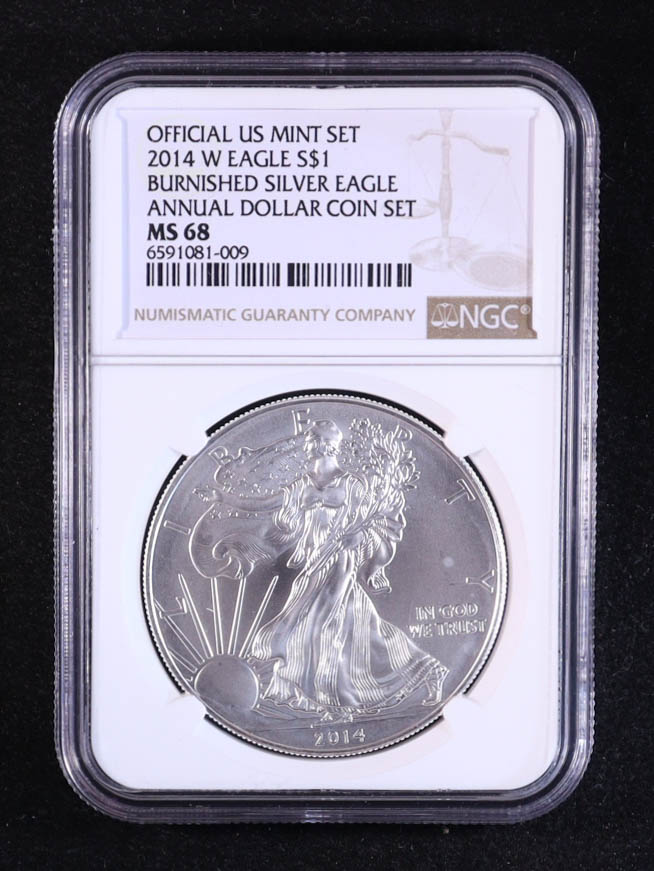 2014-W Burnished American Silver $1 Eagle, Official U.S. Mint Annual Dollar Coin Set (NGC MS68) at PristineAuction.com 2014-W Burnished American Silver $1 Eagle, Official U.S. Mint Annual Dollar Coin Set (NGC MS68) at PristineAuction.com
