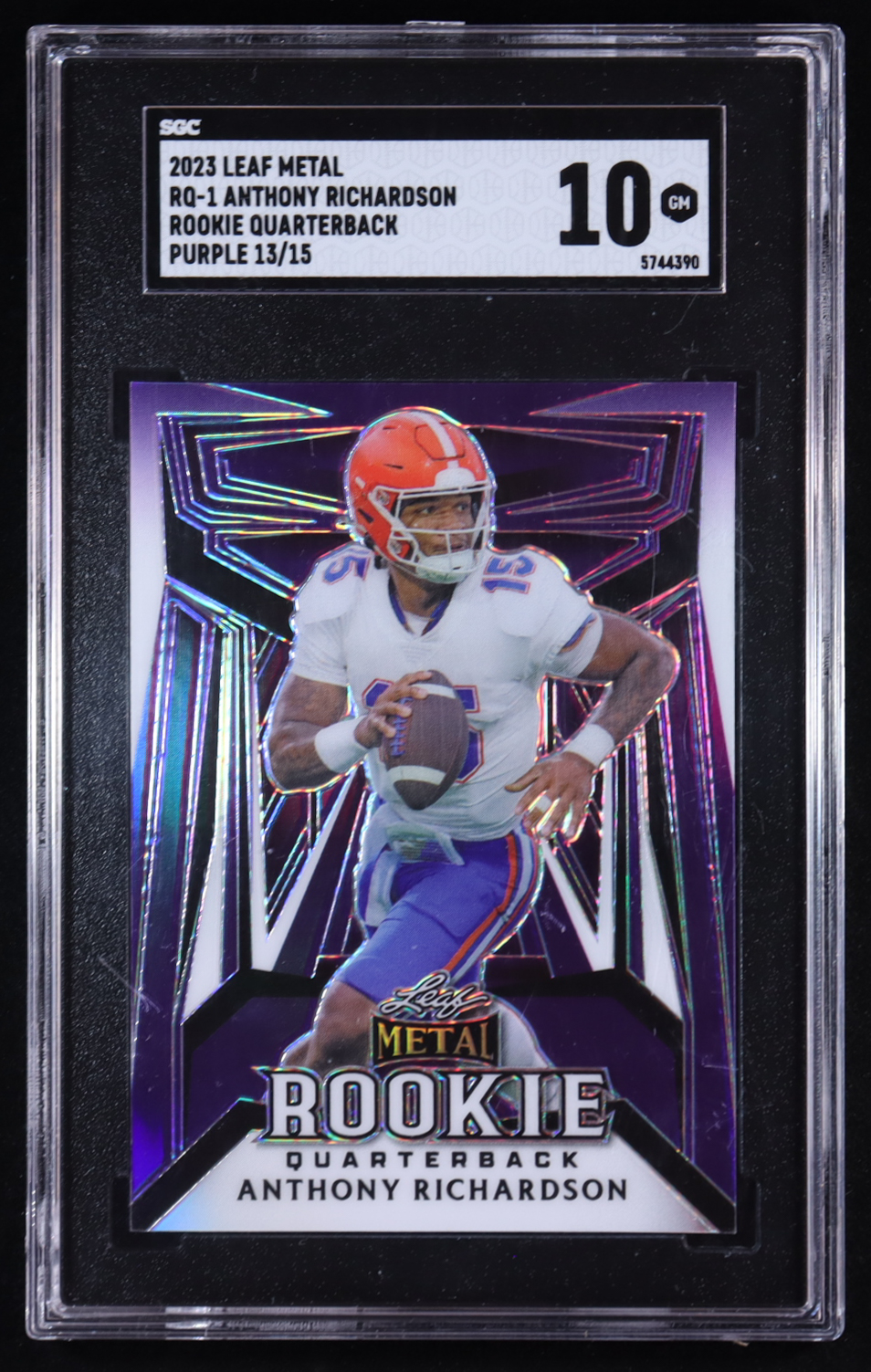 Anthony Richardson 2023 Leaf Metal Rookie Quarterback Prismatic Purple #13/15 RC (SGC 10) at PristineAuction.com Anthony Richardson 2023 Leaf Metal Rookie Quarterback Prismatic Purple #13/15 RC (SGC 10) at PristineAuction.com