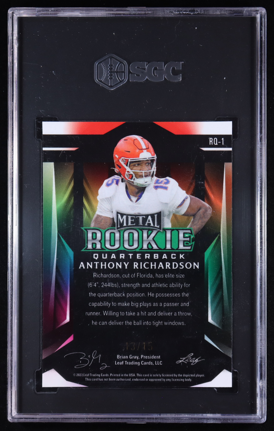 Anthony Richardson 2023 Leaf Metal Rookie Quarterback Prismatic Purple #13/15 RC (SGC 10) at PristineAuction.com Anthony Richardson 2023 Leaf Metal Rookie Quarterback Prismatic Purple #13/15 RC (SGC 10) at PristineAuction.com
