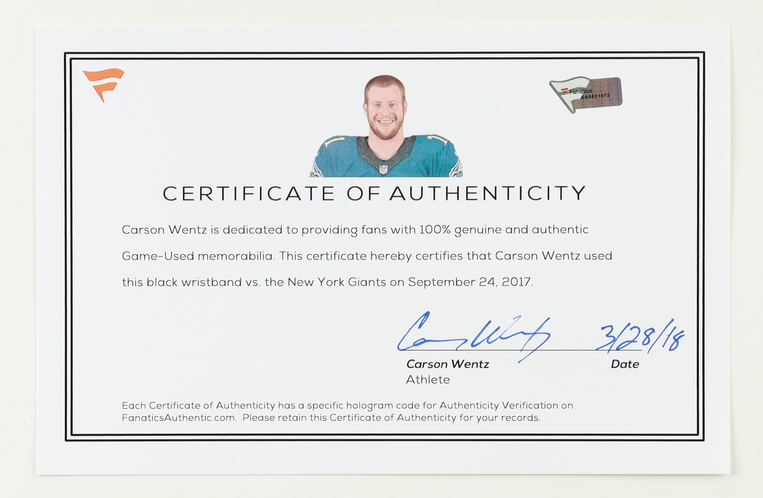 Carson Wentz Eagles Game-Used Wristband (Fanatics) at PristineAuction.com Carson Wentz Eagles Game-Used Wristband (Fanatics) at PristineAuction.com