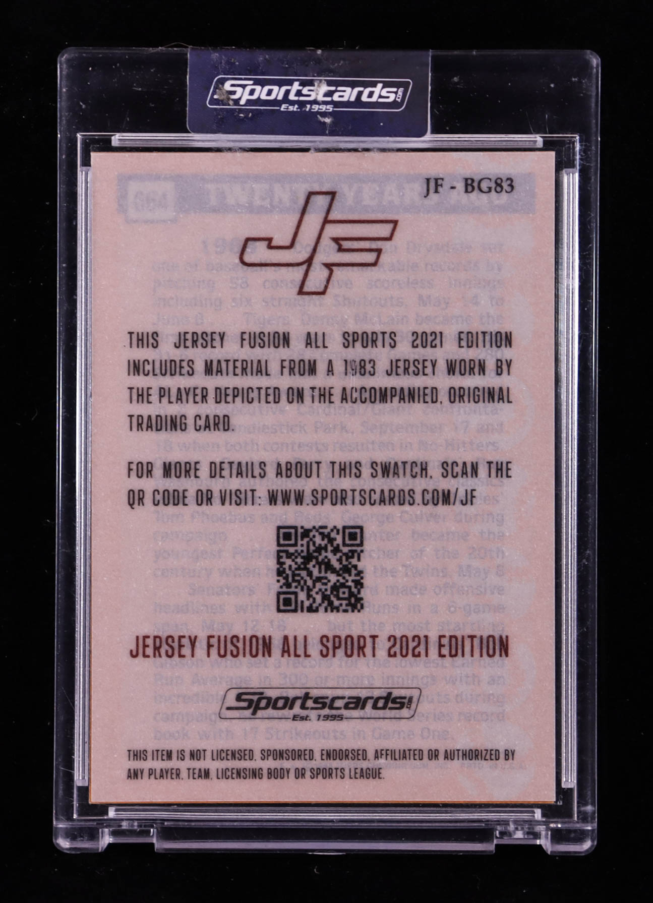 Bob Gibson 2021 Jersey Fusion Game Used Swatch #JFBG83 at PristineAuction.com Bob Gibson 2021 Jersey Fusion Game Used Swatch #JFBG83 at PristineAuction.com